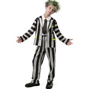 Kids Black & White Striped Beetle-Inspired Costume with Neon Green Accents